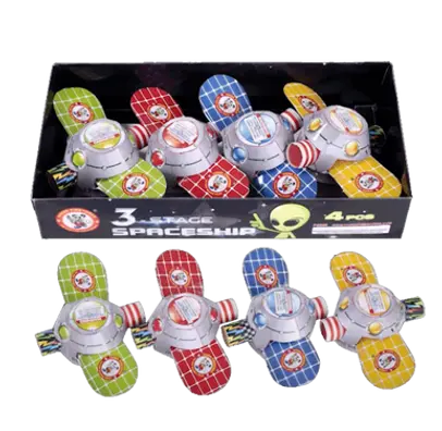 Colorful toy spaceships in a box