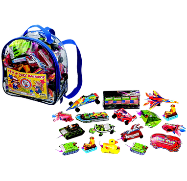 Clear backpack with assorted toys
