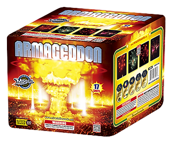 Fireworks box labeled "Armageddon" with explosion graphic.