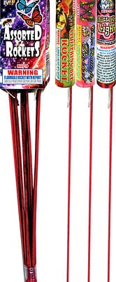 Assorted fireworks rockets with colorful packaging