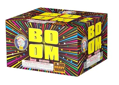 Colorful "Boom" fireworks box design