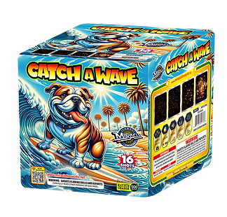 Colorful fireworks box with bulldog surfer