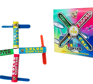 Colorful toy helicopters and packaging