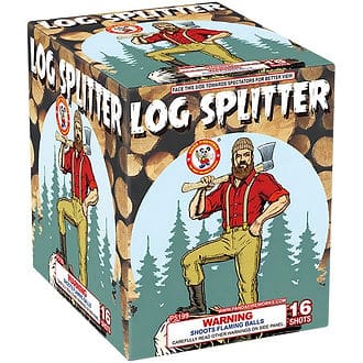 Log Splitter fireworks box with lumberjack illustration.