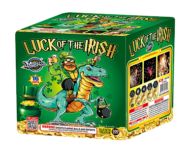 Green fireworks box with leprechaun riding dinosaur