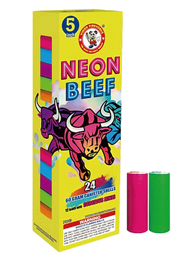 Brightly colored fireworks box and two tubes