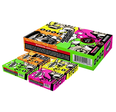 Colorful explosive-themed packaging with cartoon graphics