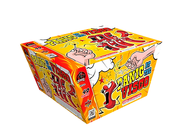 Colorful fireworks box with bold text design.