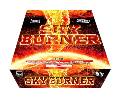 Fireworks box labeled "Sky Burner" with flames design.