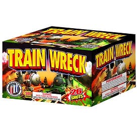 Fireworks box labeled "Train Wreck