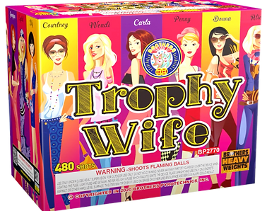 Colorful fireworks packaging labeled "Trophy Wife