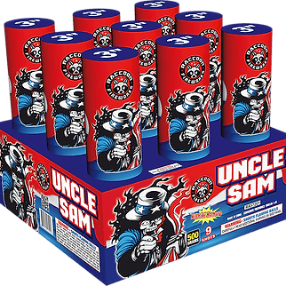 Red, white, blue themed firework packaging.