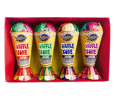 Colorful waffle cone fireworks in a box